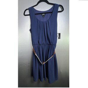 By & By Navy Dress Juniors Large Pleated Front Brown Belt Elastic Waist New